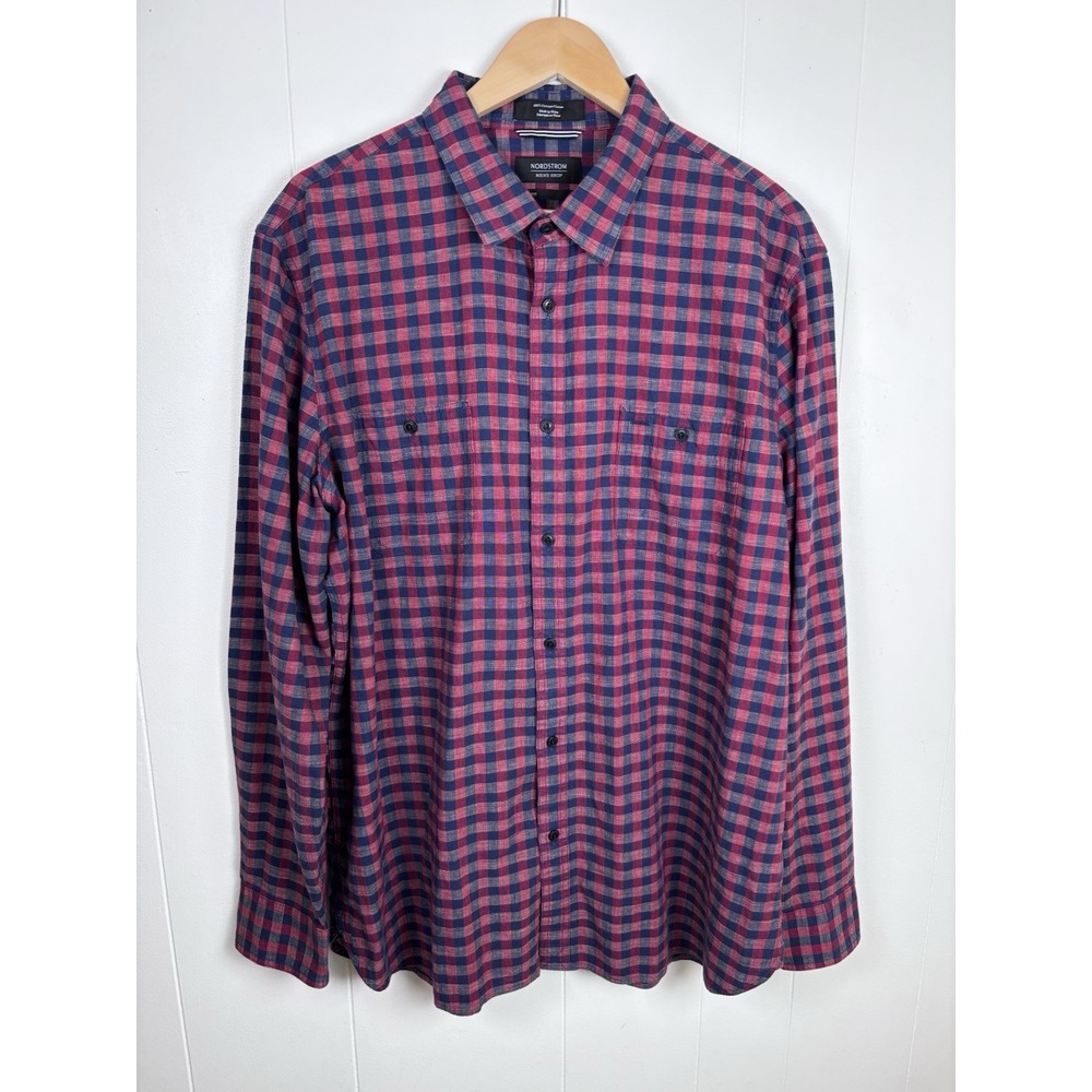 Nordstrom Mens Shop‎ Trim Fit XL Blue Red Plaid Check Button Down Shirt Cotton